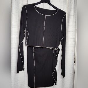 Black Crop Top And Mini Skirt with Tan Stitching